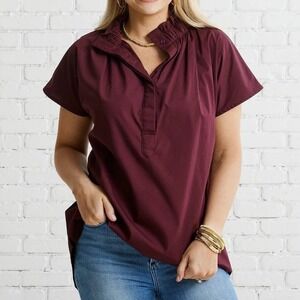 NWT Caryn Lawn Emily Top Burgundy Short Sleeve‎ Cotton Blouse Minimalist OSFM